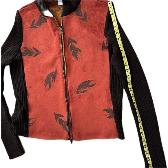ROBERT KITCHEN CANADA Faux Suede Orange Brown Leaf Full Zip Cardigan Size Large - Picture 9 of 11